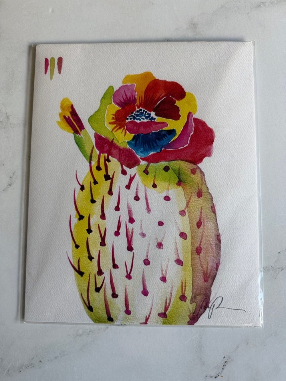 Vibrant Watercolor Cactus Flower Wall Art - Multicolor 8”x10”